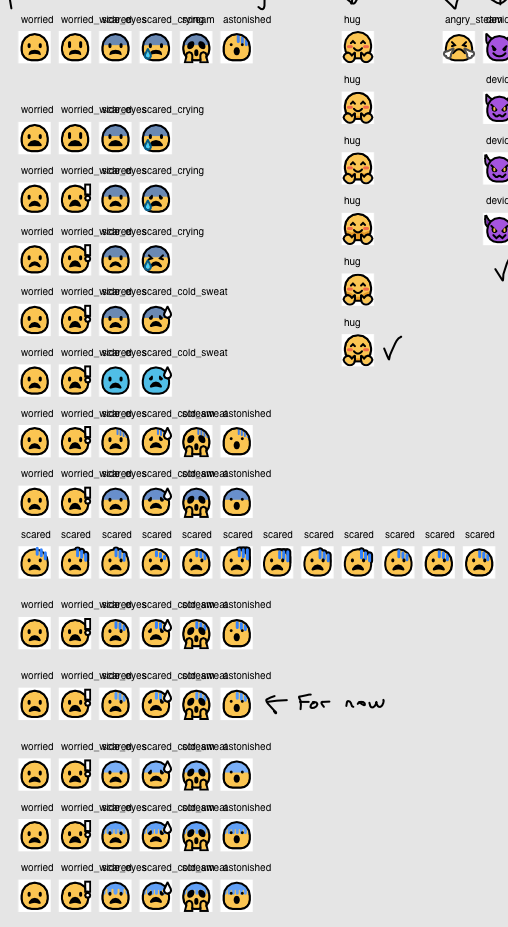 Cascading rows of different visual permutations of scared/shocked smiley emoji.