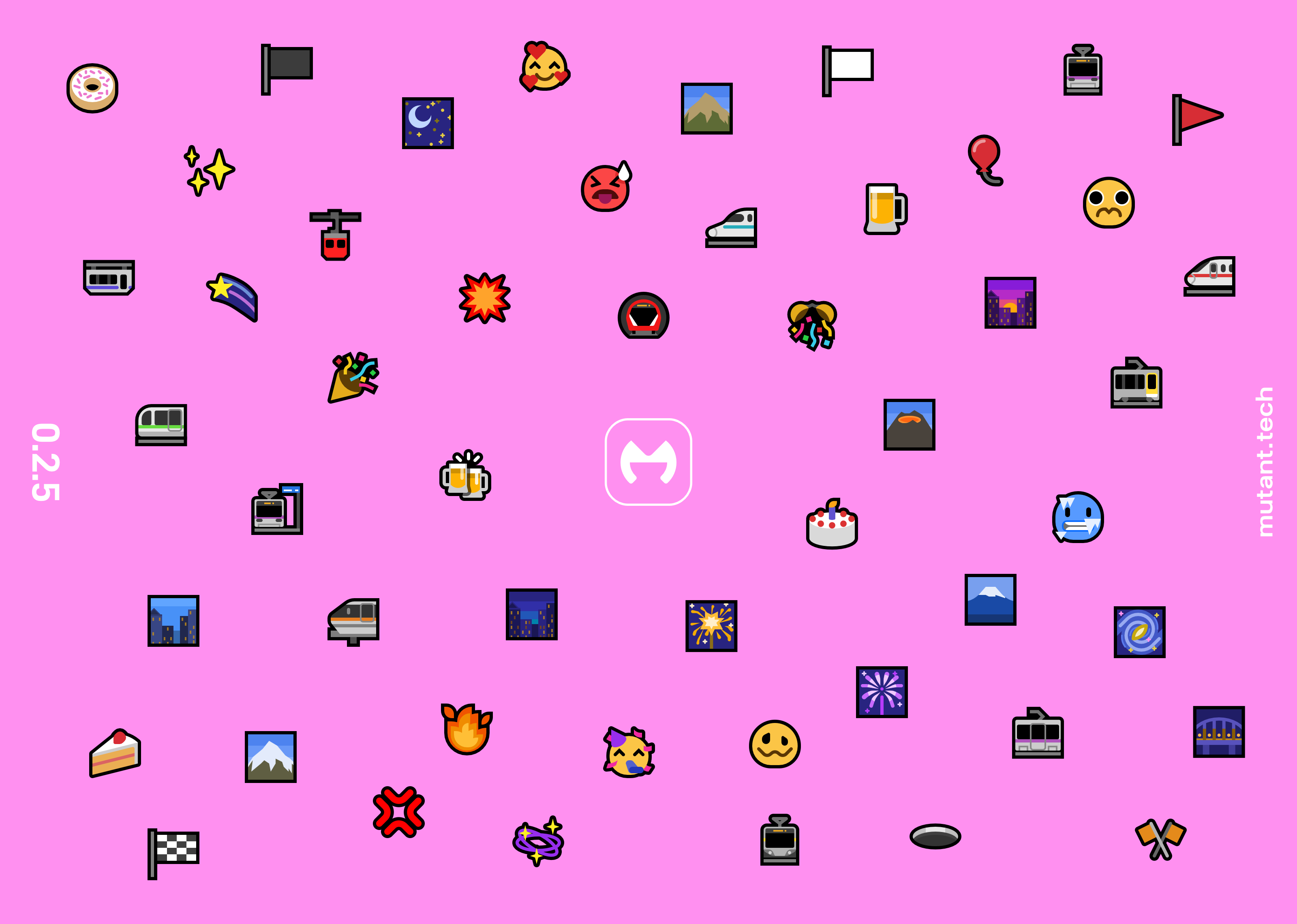 Mutant Standard 0.2.5 promo image. All of the new emoji are scattered in front of a bright pink background. In the middle is a clearing with a white Mutant Standard logo. At the left hand side there's '0.2.5', and on the right, there's 'mutant.tech'', both vertical aligned.