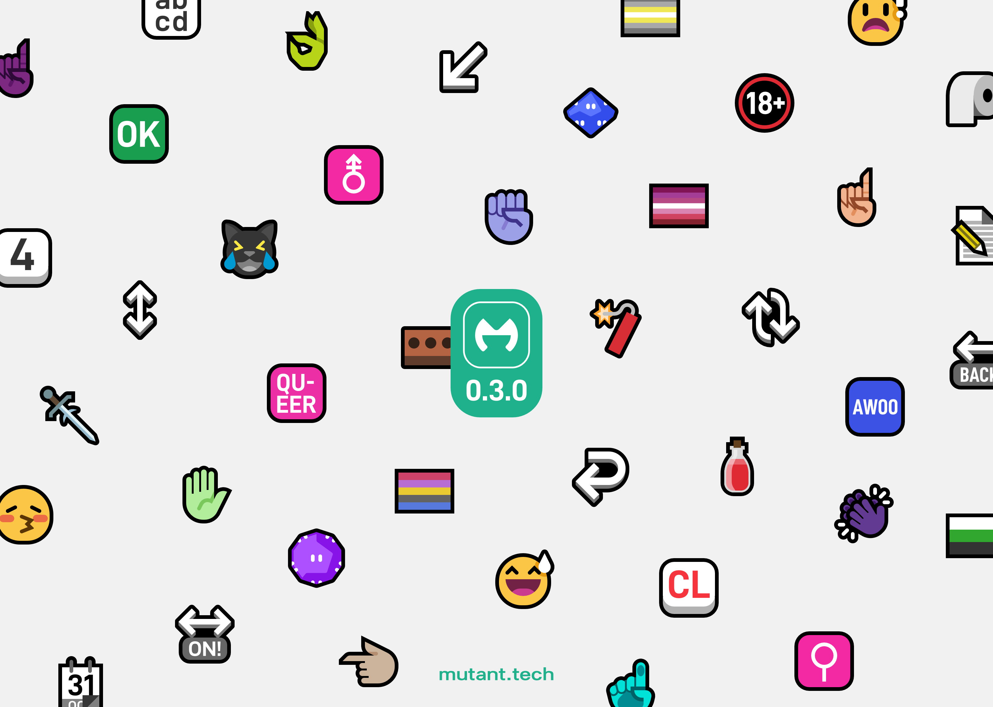 An array of new or improved emoji in Mutant Standard 0.3.0 in a scattered pattern, in the middle is a little teal badge with the Mutant Standard logo and '0.3.0' below it. At the bottom is 'mutant.tech', also in teal.