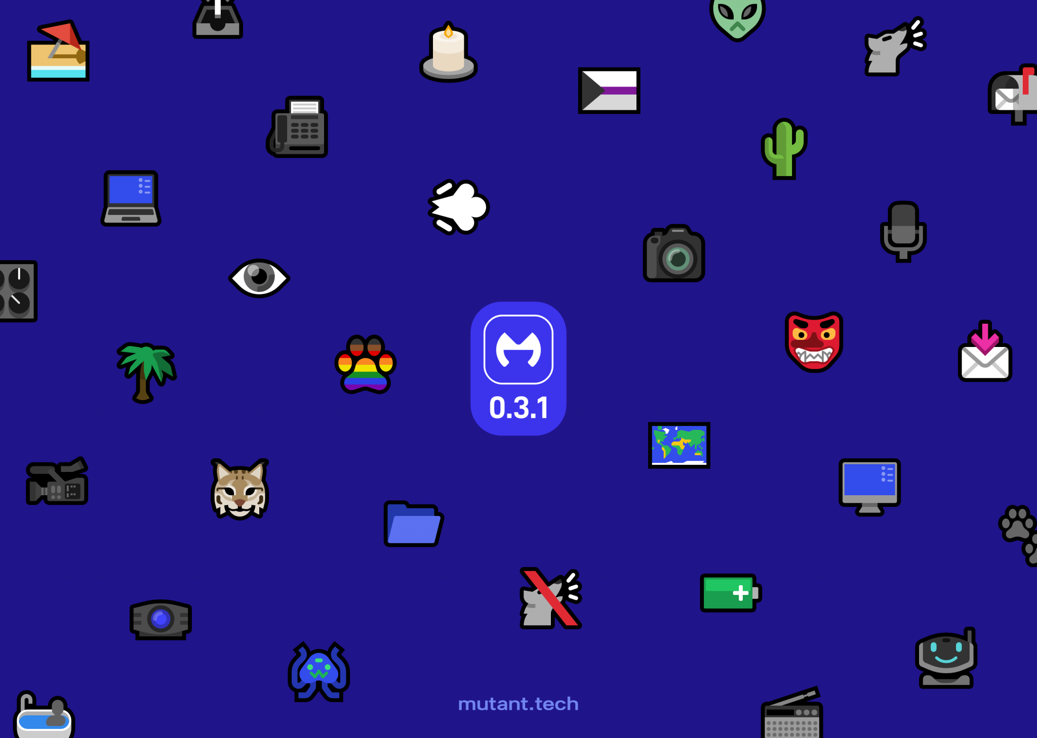 An array of new emoji in Mutant Standard 0.3.1 in a scattered pattern over a dark blue background. In the middle is a little blue badge with the Mutant Standard logo and '0.3.1' below it. At the bottom is 'mutant.tech', also in a light blue.
