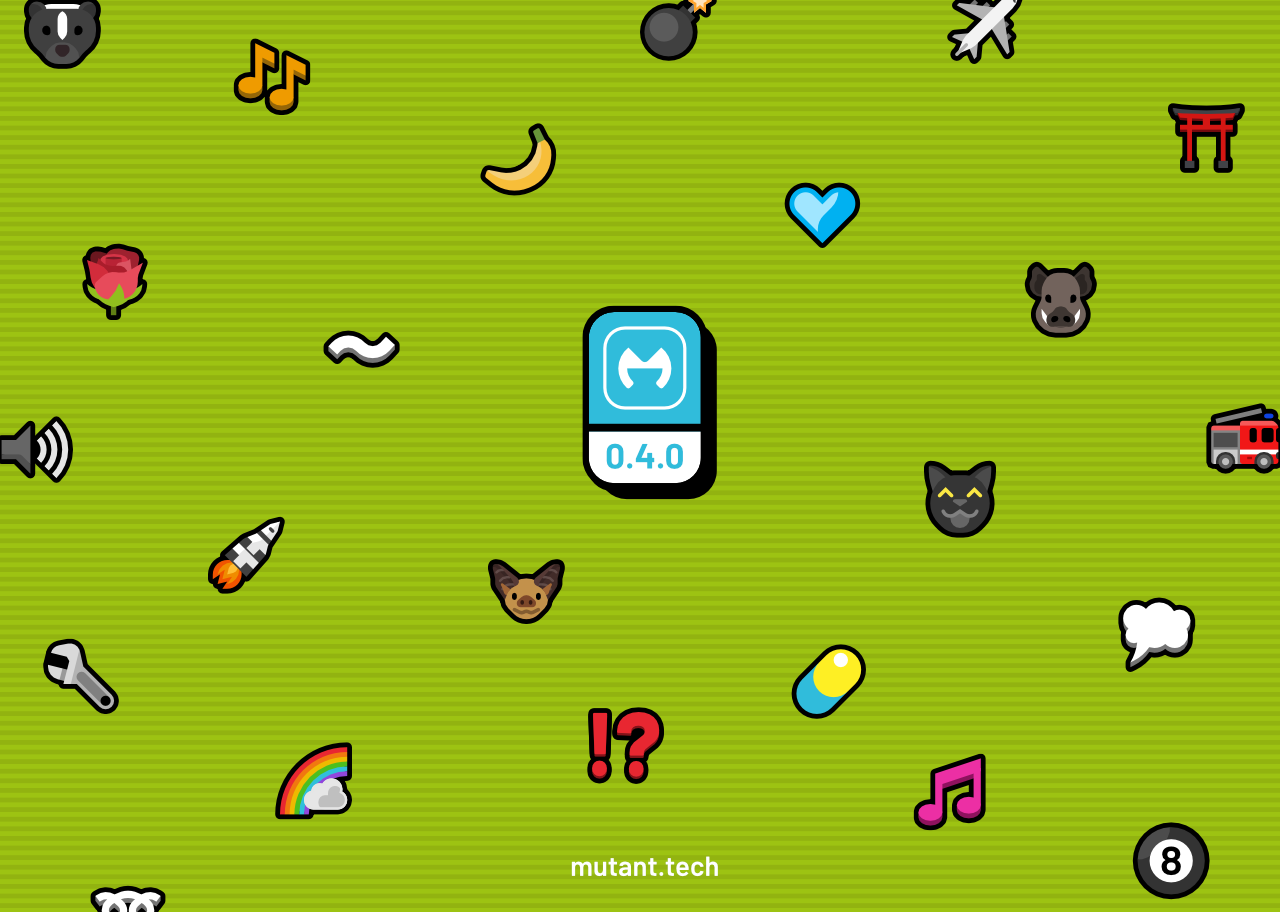 An array of new emoji in Mutant Standard 0.3.1 in a scattered pattern over a green background with a subtle horizontal stripe pattern. In the middle is a little cyan and white badge with the Mutant Standard logo and '0.3.1' below it. At the bottom is 'mutant.tech', also in a light blue.