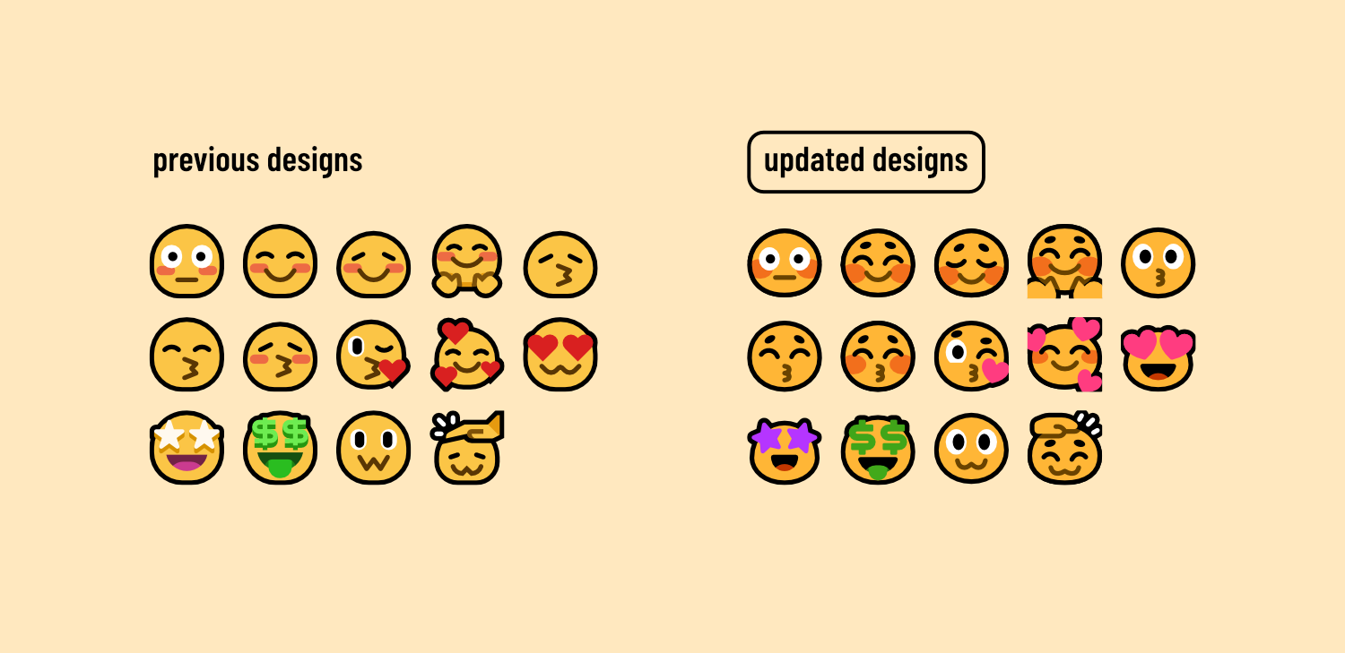 This graphic displays two columns of emoji with the headings "previous designs" and "updated designs." The emoji in this image are affectionate and appreciative emoji, such as flushed, heart eyes, kiss and headpat. The updated designs have softer and more subtle geometry, more subtle and expressive facial features and slightly warmer colours.