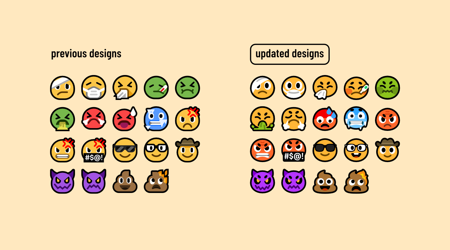 This graphic displays two columns of emoji with the headings "previous designs" and "updated designs." The emoji in this image are a mix of designs representing illness, anger and unusual forms such as imps, poop and cowhand. The updated designs have softer and more subtle geometry, more subtle and expressive facial features and slightly warmer colours.
