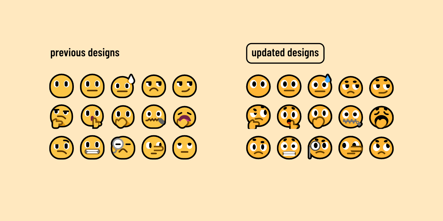 This graphic displays two columns of emoji with the headings "previous designs" and "updated designs." The emoji in this image are expressionless and sarcastic emoji, such as face without mouth, smirk, thinking and rolling eyes. The updated designs have softer and more subtle geometry, more subtle and expressive facial features and slightly warmer colours. Details are also bigger and much better contrasted.