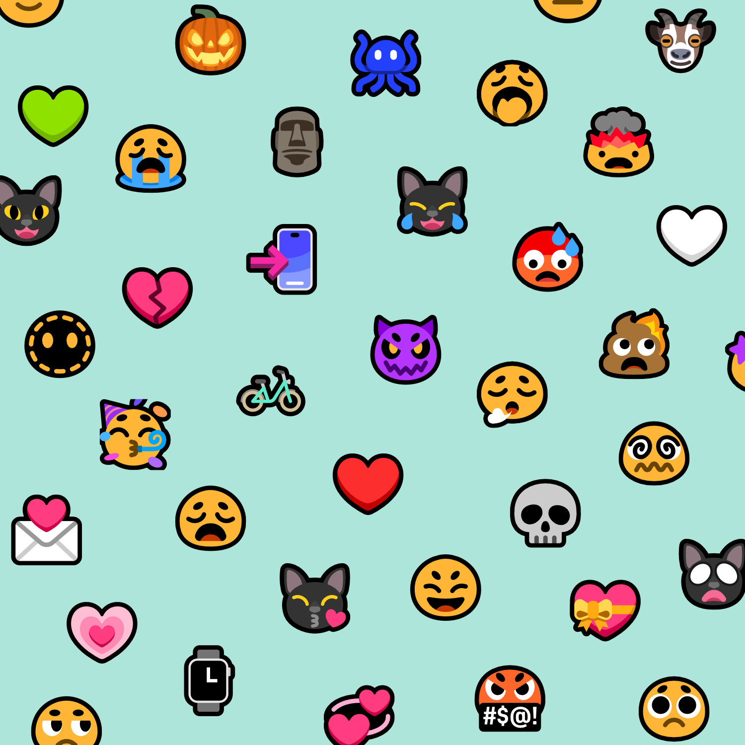 A mint green background with lots of different emoji in a soft, minimalist vector aesthetic with thick black outline scattered across it, many of them are smileys, some are objects like watches, bicycles and phones, some are black cats, and some are silly or thematic symbols like alien monster, skull and jack-o'-lantern.