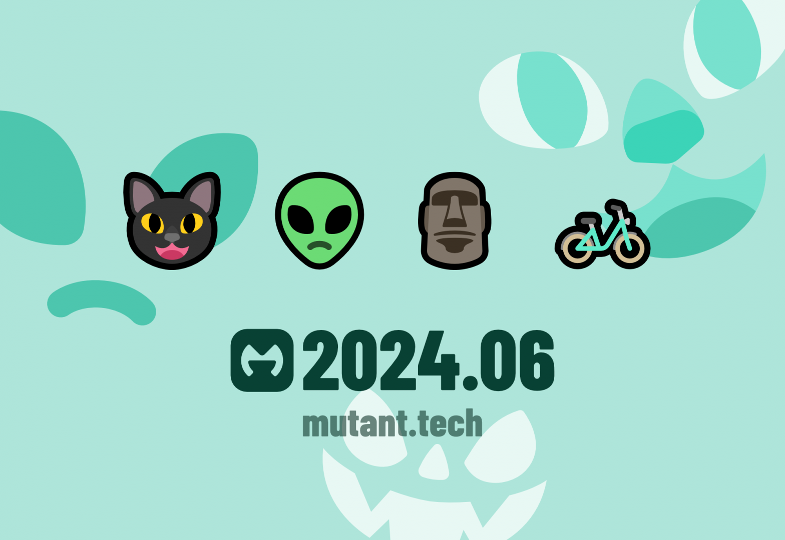 A mint green background featuring four icons in the center: a black cat with a pink tongue, a green alien, a moai statue, and a bicycle. Below these icons, the text reads "2024.06 mutant.tech". There are 3 faces in the background of the graphic in faded teal colours - a smiling cat face, a frowning alien face, and a jack-o'-lantern face.